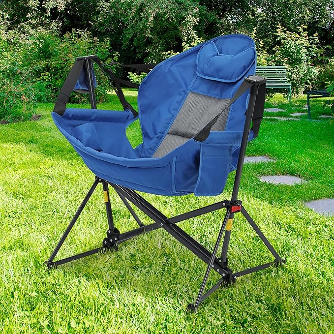 Camping Chair, Foldable Rocker with Memory Foam Cushion, 400 lb Capacity, Blue