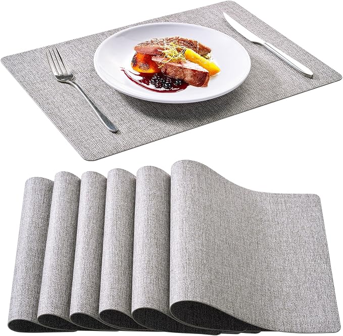 FOCUSLINE Faux Leather Placemats Set of 6, Light Grey Table Place Mats by FOCUSLINE