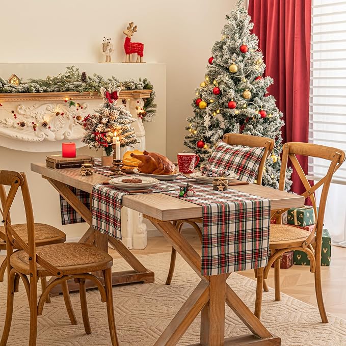 Red White Plaid Christmas Table Runner, Winter Holiday Table Runners 108 inches - Image 3