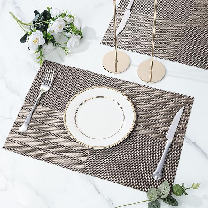 fanquare Vinyl Woven Placemats Set of 6 Classic Stylish Brown Patchwork Striped - Image 3