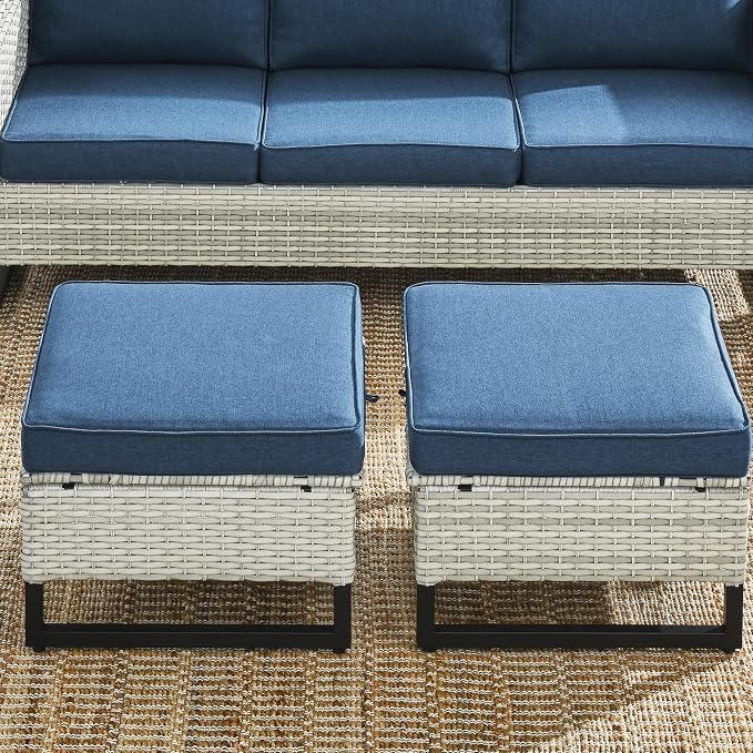 HUMMUH Outdoor Ottomans for Patio Set of 2 PE Wicker Outdoor Footstool - Image 4