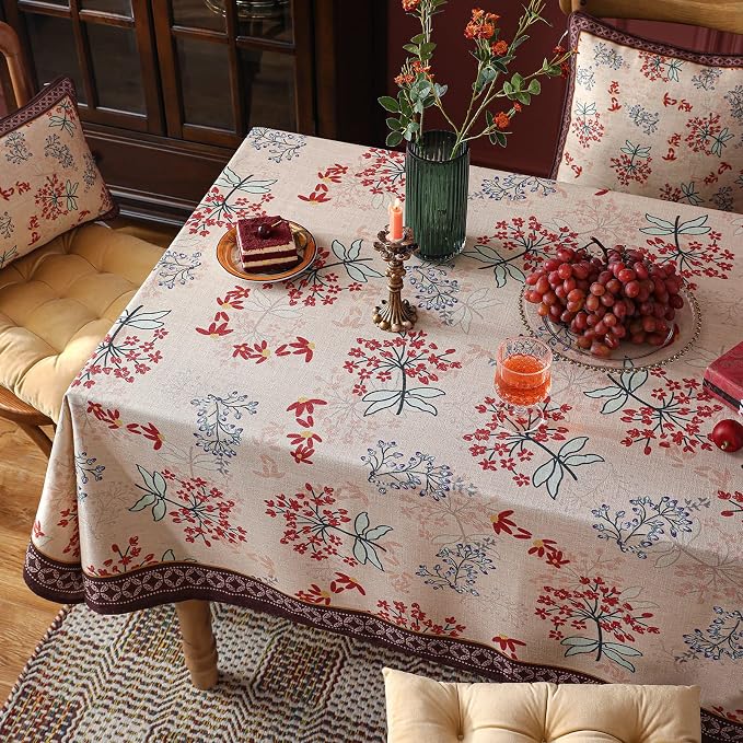 patdrea Designer French Linen Rectangular Table Cloth, Vintage Red Floral Fall - Image 8