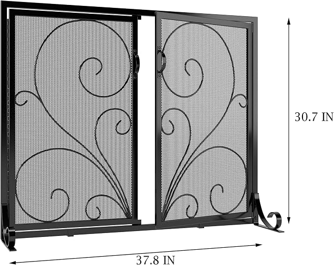 Flat Fireplace Screen with Doors, Solid Wrought Iron Frame with Metal Mesh - Image 3