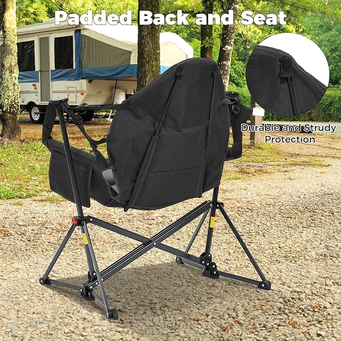 Camping Chair Hammock Rocker, Adjustable Recline, Black Polyester