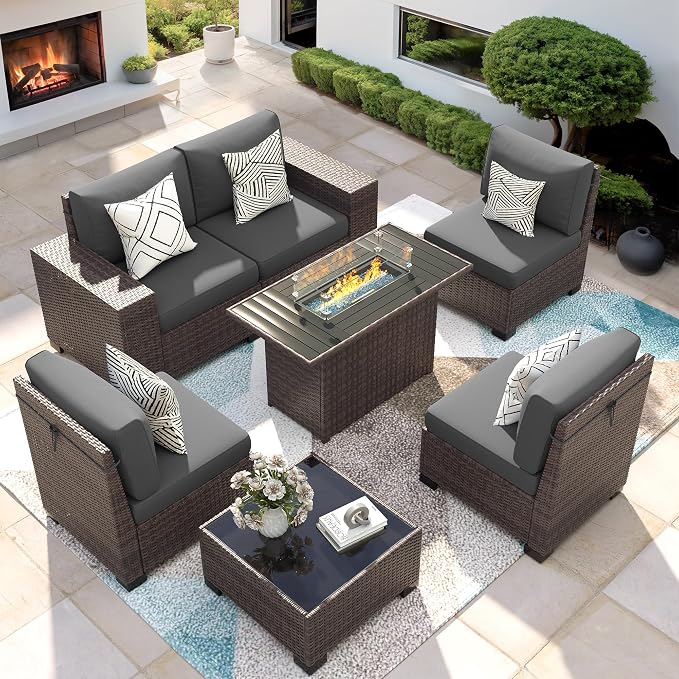 Patio Furniture Set with Fire Pit Table, 7 Piece Outdoor Sectional Conversation by VonzoyHome