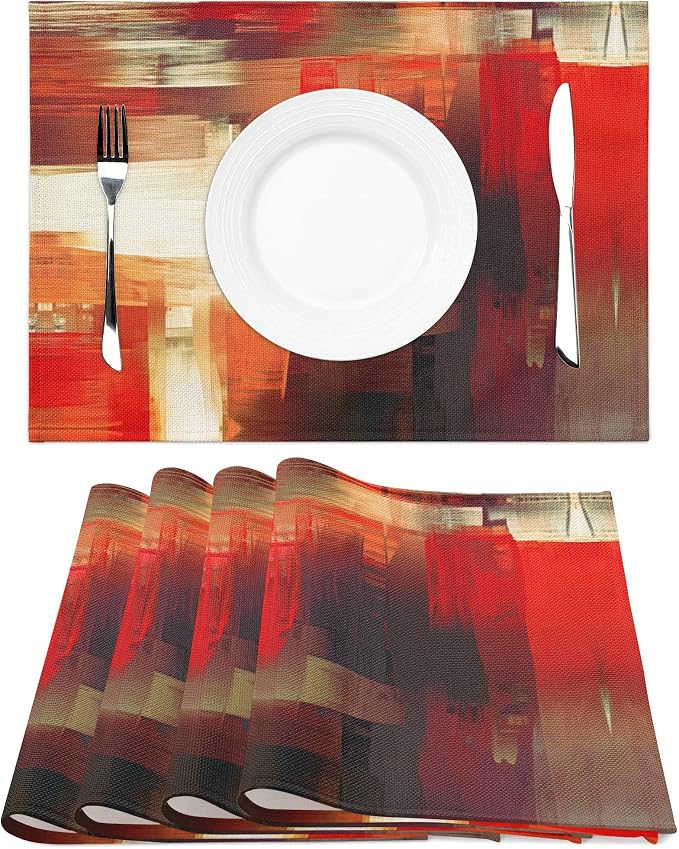 Modern Art Placemats Set of 4 Red Abstract Painting Place Mats Washable Linen - Image 3