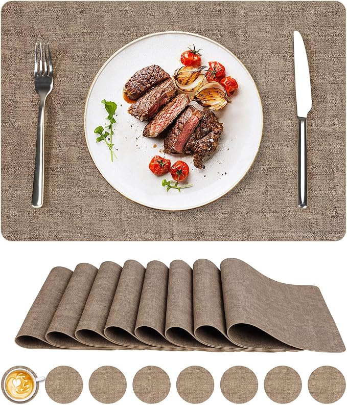 Vinyl Placemats Set of 8, Faux Leather Waterproof and Heat Resistant Place Mats by NCUE