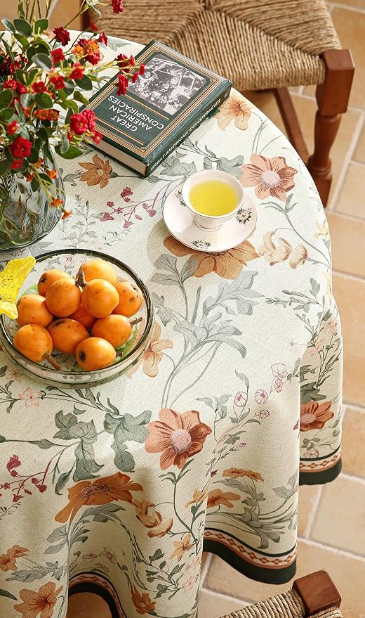 French Tablecloth for Round Table, Linen Orange Floral Wrinkle Resistant - Image 8