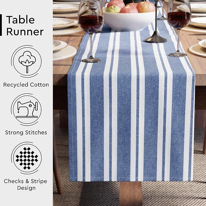 Encasa XO Cotton Dining Table Runner | Franca Blue Stripes | Size 13x72 in - Image 3