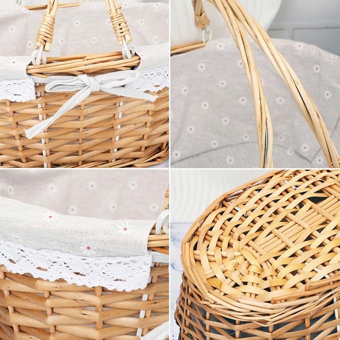 Natural Wicker Basket with Linen Lining, 14 Inch Large Wicker Woven Picnic - Image 3