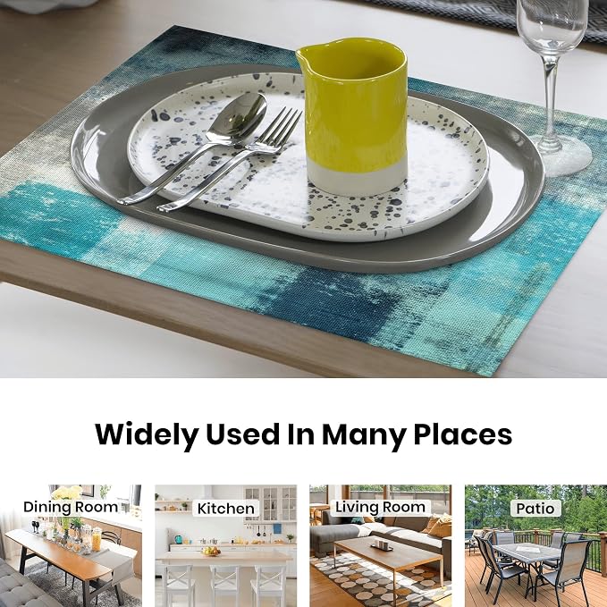 Modern Art Placemats Set of 4 Turquoise Abstract Painting Place Mats Washable - Image 5