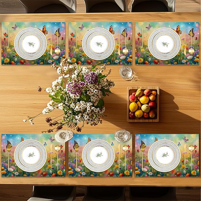 Placemats Set of 6, Colorful Butterfly Table Mats, Flowers Washable Linen Table - Image 7