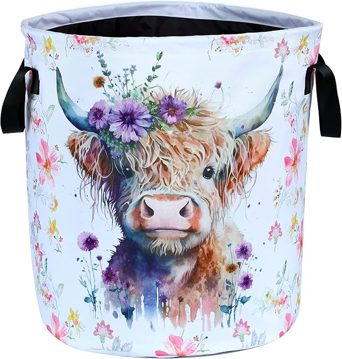 Highland Cow Laundry Basket Foldable Waterproof Oxford Cloth Funny Tote Bag by NUTAINLA