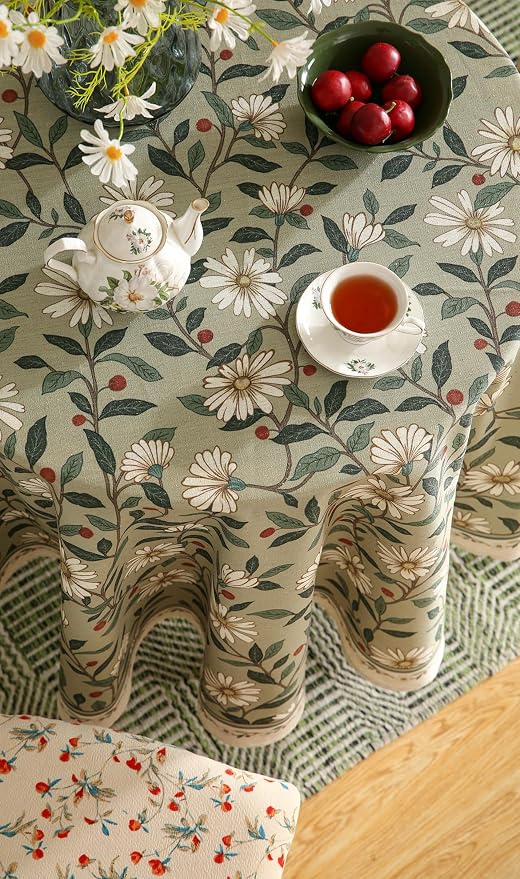 ISAENNE Designer Green Linen Small Round Tablecloth, Floral French Country - Image 7