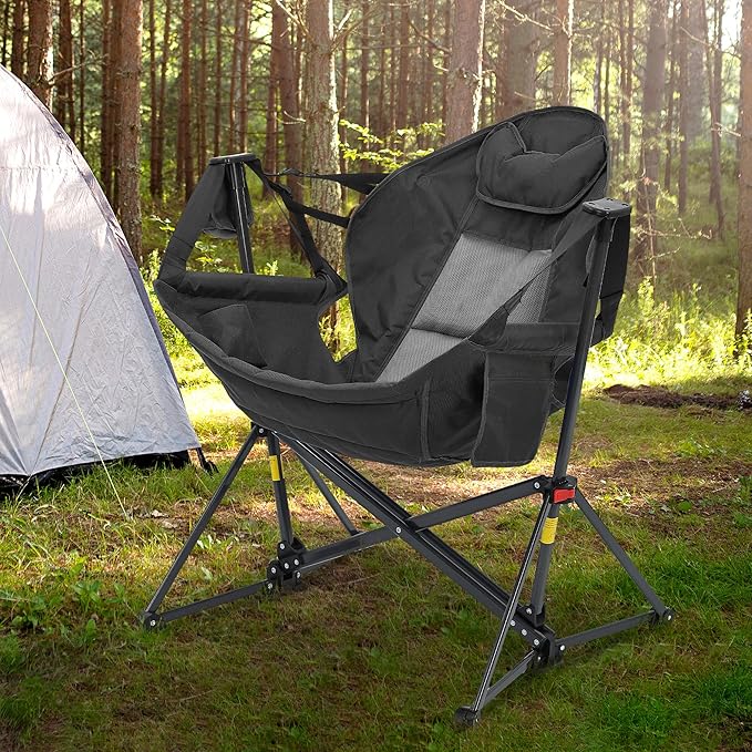 Camping Chair Hammock Rocker, Adjustable Recline, Black Polyester