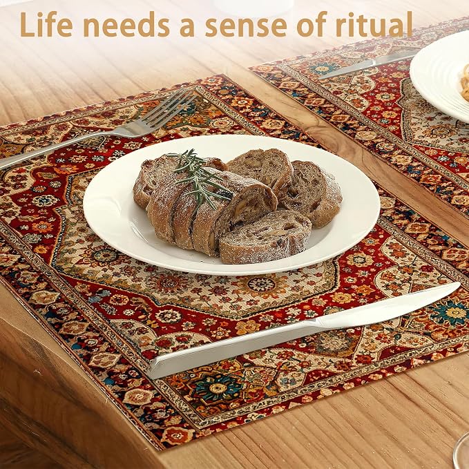 Boho Ethnic Placemats Set of 6, Retro Flower Placemats Washable Kitchen Dining - Image 2