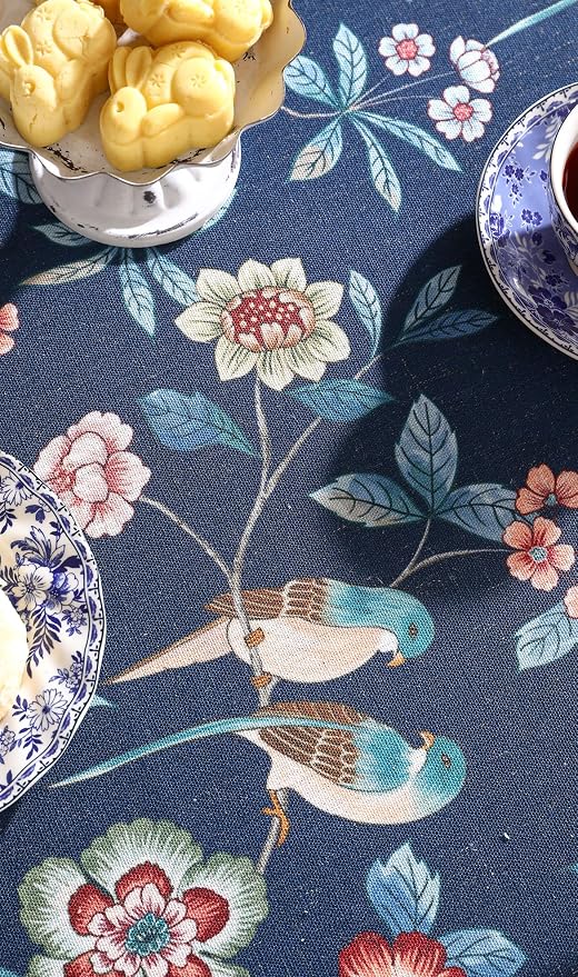 patdrea Designer Dark Blue Linen Rectangle Tablecloth, Vintage Navy French - Image 9