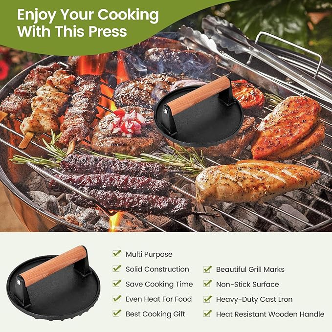 Smashed Burger Press, 7” Round Heavy-Duty Cast Iron Smash Meat Steak - Image 4