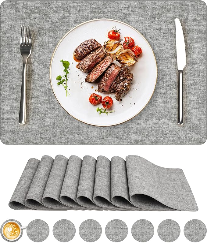 Vinyl Placemats Set of 8, Faux Leather Waterproof and Heat Resistant Place Mats by NCUE