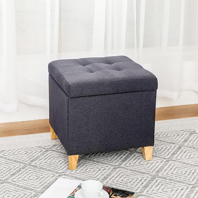 Homebeez Tufted Grainy Linen Fabric Storage Ottoman Square Cube Foot Rest Stool - Image 7