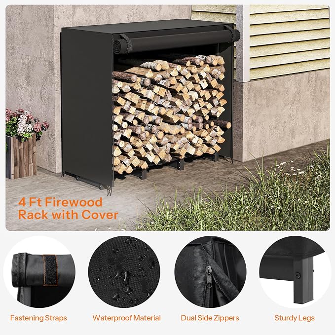 HOOBRO 4FT Firewood Rack with Cover, Outdoor Firewood Log Rack, Adjustable Log - Image 8