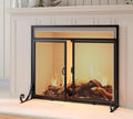 Flat Fireplace Screen with Doors, Solid Wrought Iron Frame with Metal Mesh by Calidola