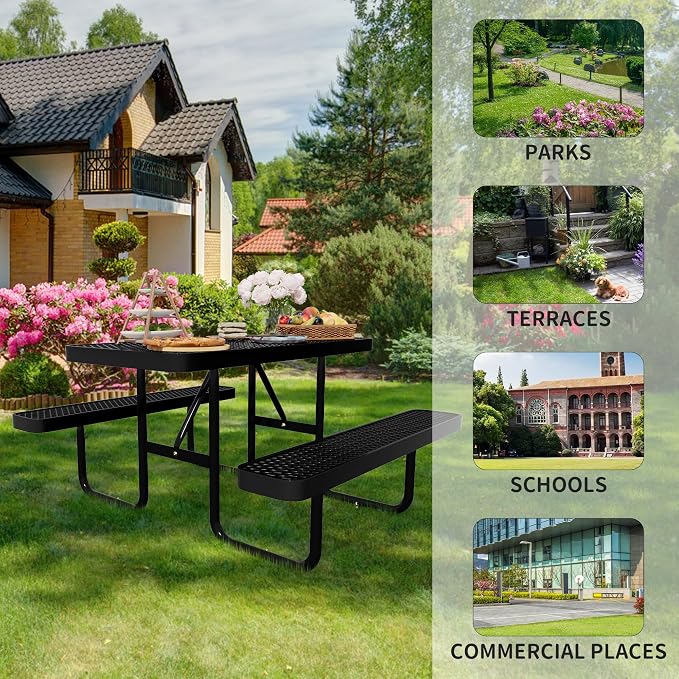 4FT Rectangular Steel Outdoor Picnic Table, Commercial Black Picnic Table Bench - Image 7