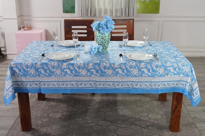 CPC Blue Sapphire 80X120 Inch Rectangle Tablecloth Cotton Indian Block Print by COTTONPRINTCLUB