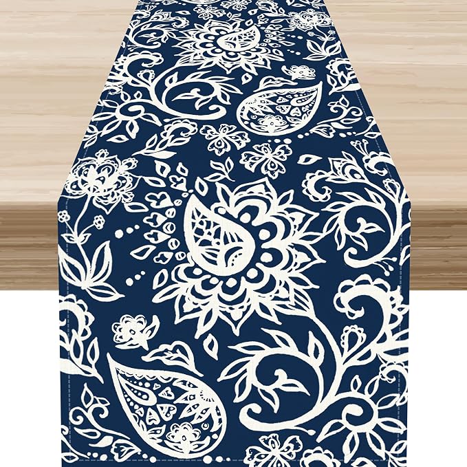 Blue Paisley Table Runner, Vintage Damask Antique Floral Flower Boho Damask by Unknown