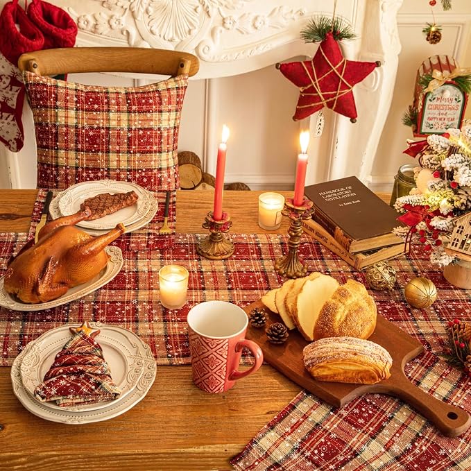 Red Plaid Snowflake Christmas Table Runner, Winter Holiday Table Runners 108 - Image 3