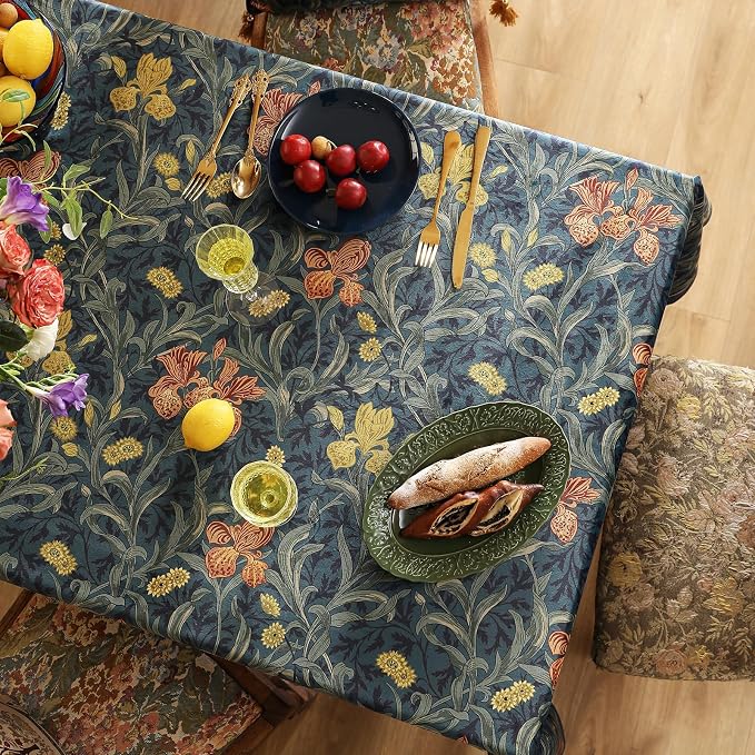 patdrea Designer Vintage Dark Blue Linen Rectangle Tablecloth, French Rustic - Image 4