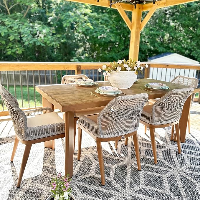 PURPLE LEAF 7 Pieces Dining Set Patio Metal Rectangular Table and Wicker Rattan - Image 2