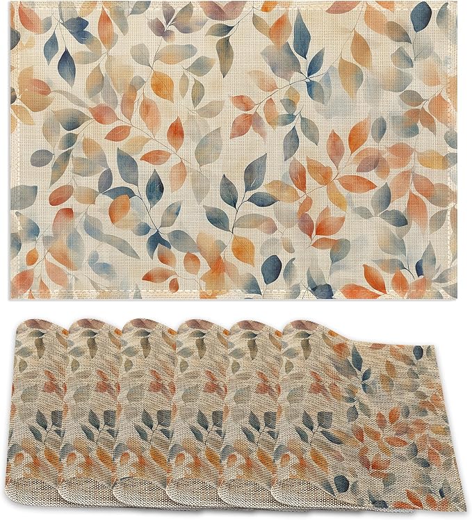 Placemats Set of 6, Autumn Leaves Table Mats, Fall Colorful Washable Linen by ZTHLL