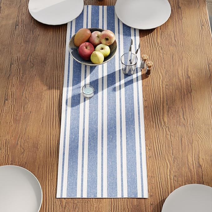 Encasa XO Cotton Dining Table Runner | Franca Blue Stripes | Size 13x36 in by EncasaXO