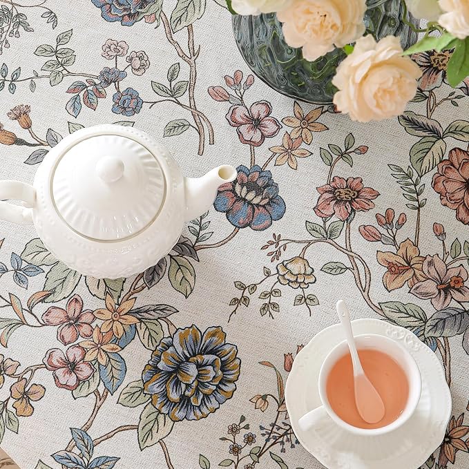 ISAENNE Designer French Light Beige Round Tablecloth, Linen Florals and Birds - Image 4