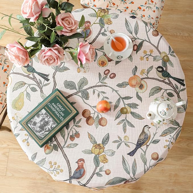 Linen 67 Inch Round Tablecloth, Wrinkle Resistant French Pink Tablecloth Print - Image 3