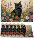 Black Cat Placemats Set of 6, Color Flower Waterproof Non-Slip Washable Table by ZTHLL