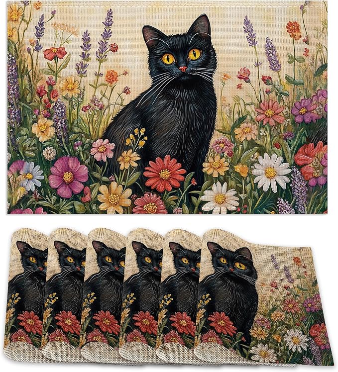 Black Cat Placemats Set of 6, Color Flower Waterproof Non-Slip Washable Table by ZTHLL