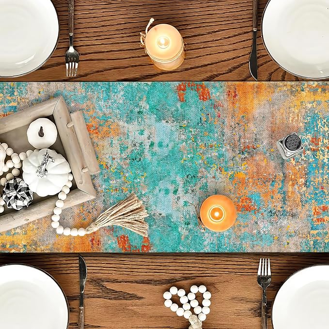 OYIMUA Modern Abstract Teal Yellow Colorful Table Runner 13 x 72 Inches Summer - Image 2