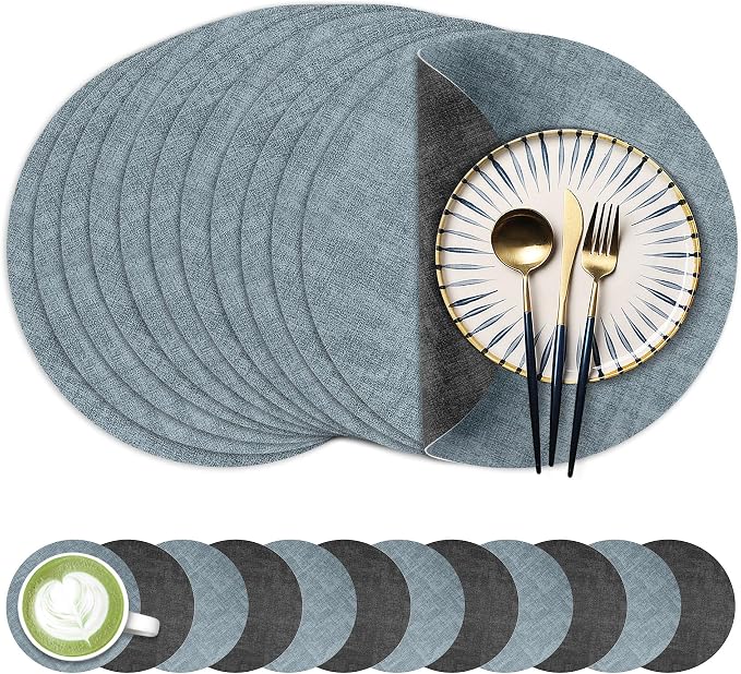 13-Inch Faux Leather Round Placemats Set of 12, Waterproof Anti-Slip Dual Sided by Fyvva