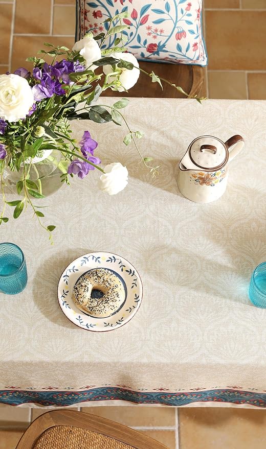 Vintage Beige Linen Extra Long Rectangle Tablecloth, Paisley Farmhouse Feather - Image 5