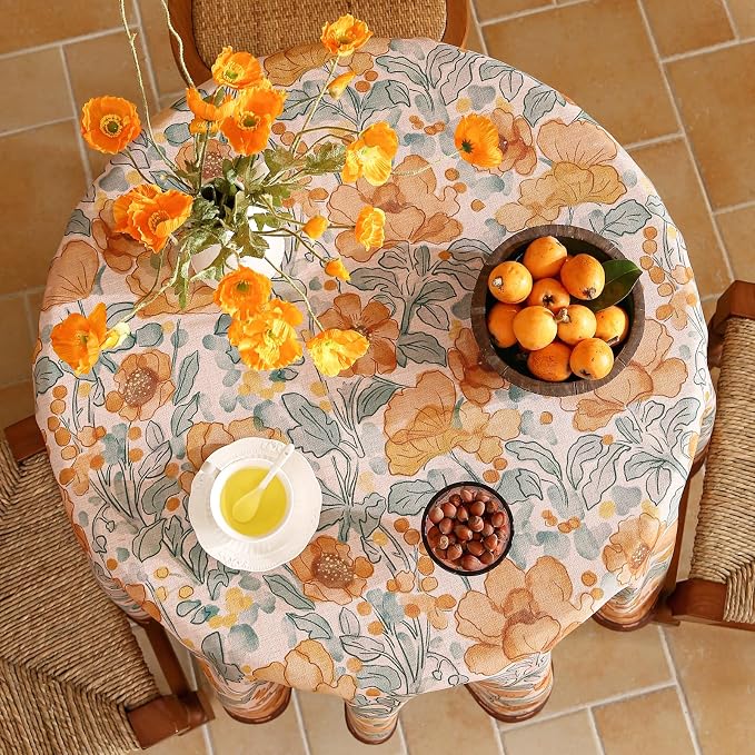 Vintage Linen Round Tablecloth, Italian Orange Floral Soft and Wrinkle Free - Image 4