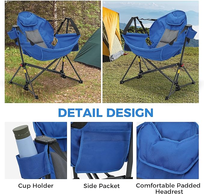 Camping Chair, Foldable Rocker with Memory Foam Cushion, 400 lb Capacity, Blue