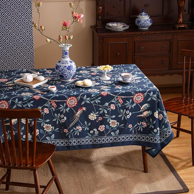 patdrea Designer Dark Blue Linen Rectangle Tablecloth, Vintage Navy French - Image 6