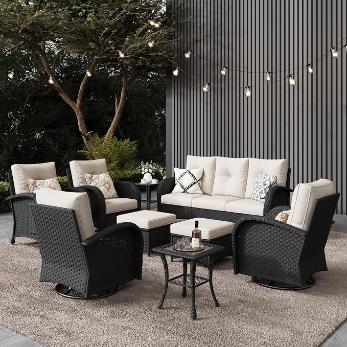 LayinSun 9 Pieces Outdoor Patio Furniture Set, Rattan Wicker Sectional Swivel by LayinSun