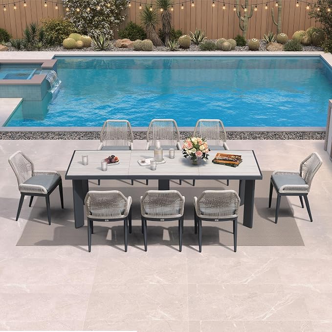 PURPLE LEAF 9 Pieces Patio Dining Set Aluminum Rectangular Table and Wicker by PURPLELEAF