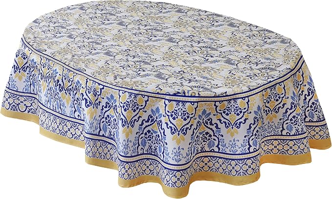 Home Bargains Plus Oval Fabric Tablecloth, 60 x 84 Inch, Allure Yellow and Blue by HomeBargainsPlus