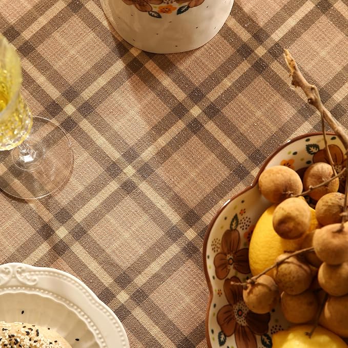 Vintage Brown Checkered Extra Long Rectangle Tablecloth, Italian Floral Linen - Image 5