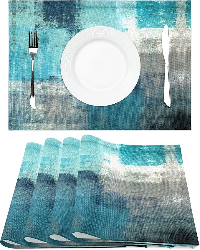 Modern Art Placemats Set of 4 Turquoise Abstract Painting Place Mats Washable - Image 3