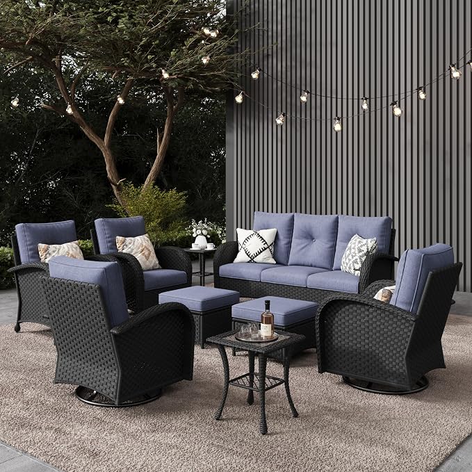 LayinSun 9 Pieces Outdoor Patio Furniture Set, Rattan Wicker Sectional Swivel by LayinSun